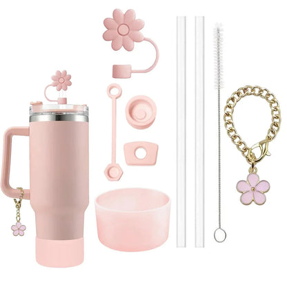 9pcs Accessories Set 3 Spill Proof Stopper Flowers Straw Cover Boot 2 Straw and Brush and 1 Flower Charm Chain for Stanley Cup Shop1103950439 Store