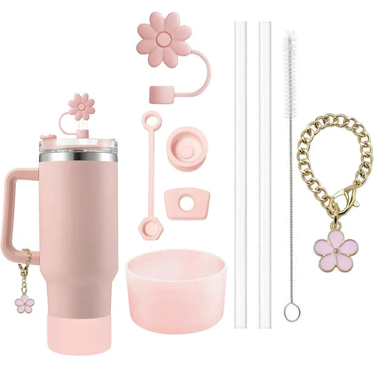9pcs Accessories Set 3 Spill Proof Stopper Flowers Straw Cover Boot 2 Straw and Brush and 1 Flower Charm Chain for Stanley Cup Shop1103950439 Store