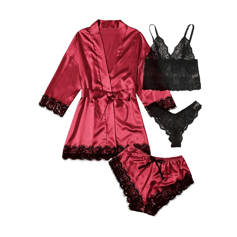 Romantic Bliss: Lace Satin 4-Piece Pajama Set