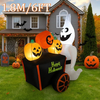 6FT Halloween Outdoor Holiday Decorations Inflatable Toys Ghost Push Pumpkin Cart with LED Lights Outdoor Party Inflatable Model