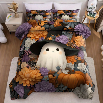 3pcs Halloween Pumpkin Monster Duvet Cover Set without Core 1Quilt Cover 2 Pillowcases Soft Floral Duvet Cover Set for Bedroom