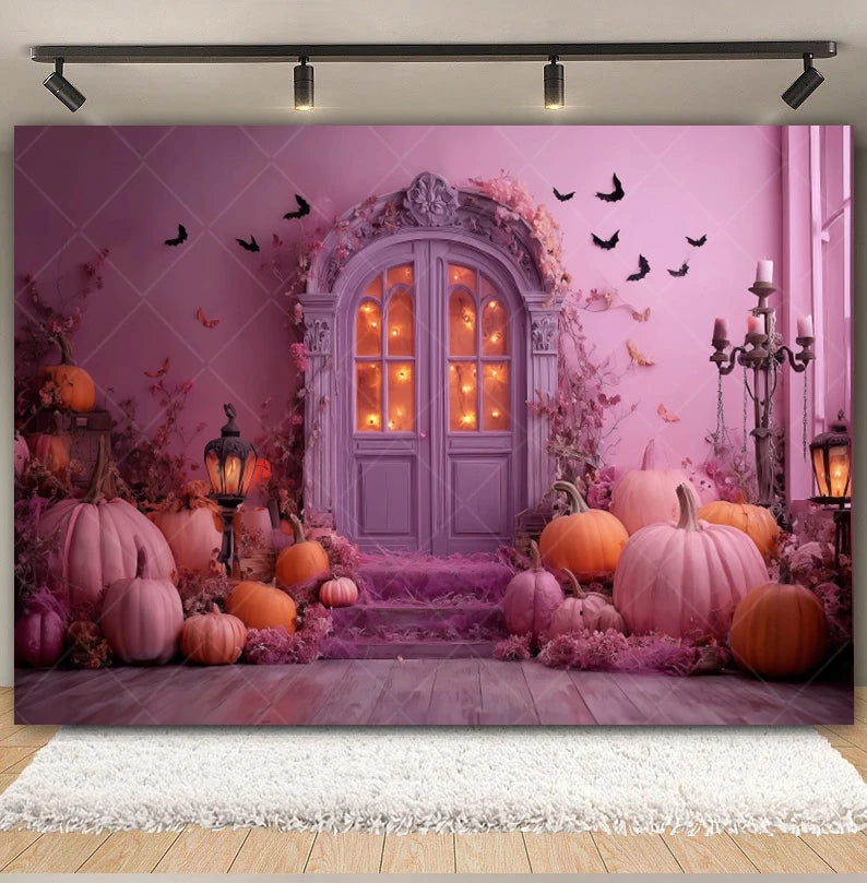 Halloween Retro Arch Family Portrait Photography Backdrop Pink Wall Pumpkin Bat Girls Kids Birthday Party Photo Background Decor