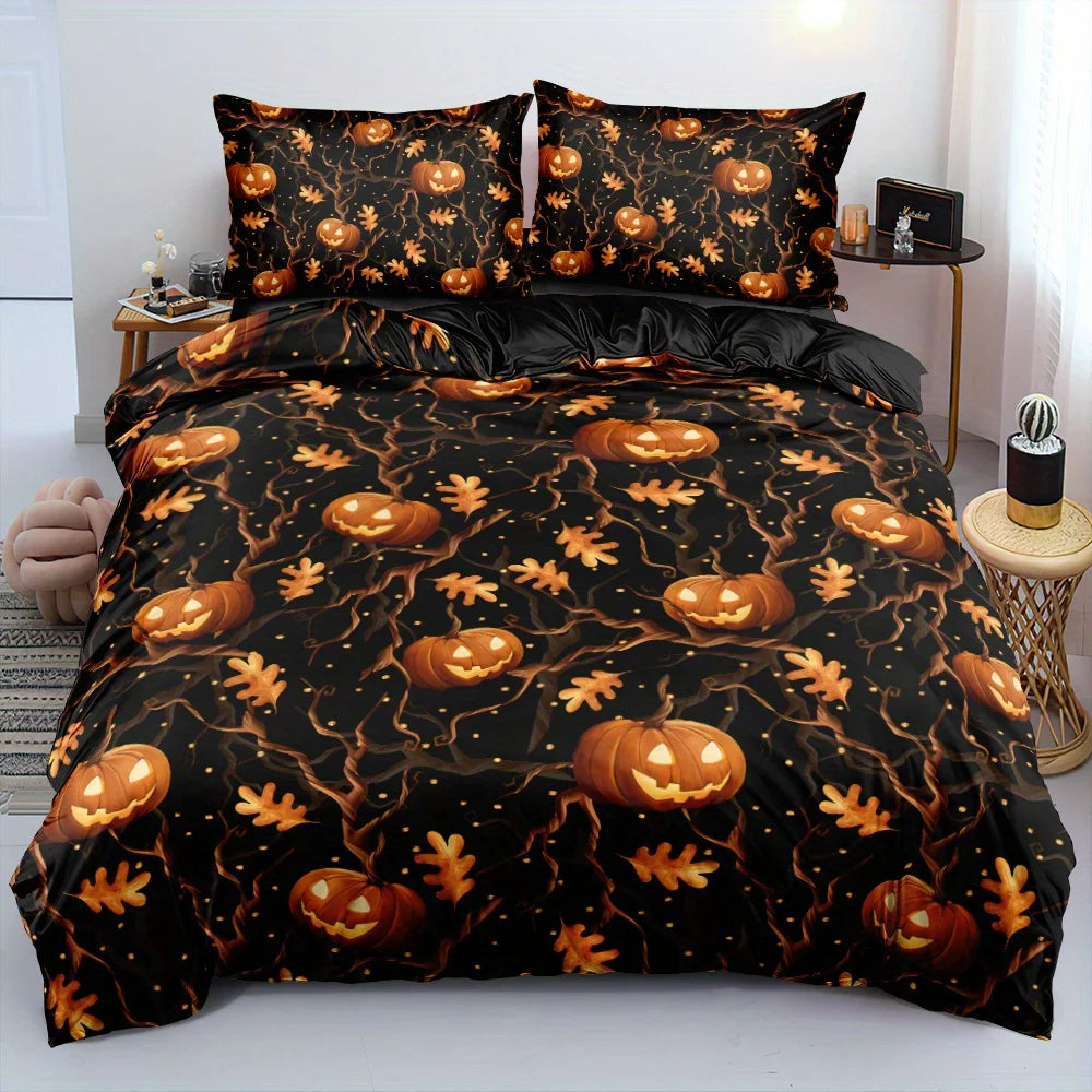 3D Halloween Print Duvet Cover Set Vines Surround The Pumpkin Lantern Patterned Bedding Set(size 135x200 Only 1 Pillowcase)
