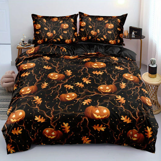 3D Halloween Print Duvet Cover Set Vines Surround The Pumpkin Lantern Patterned Bedding Set(size 135x200 Only 1 Pillowcase)