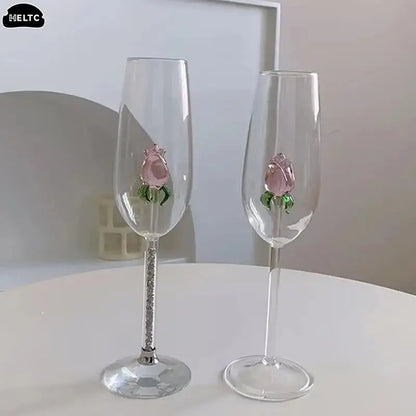 1*Rose Cocktail Glass Creative 3D Pink Glass Rose Built-in Wine Glass
