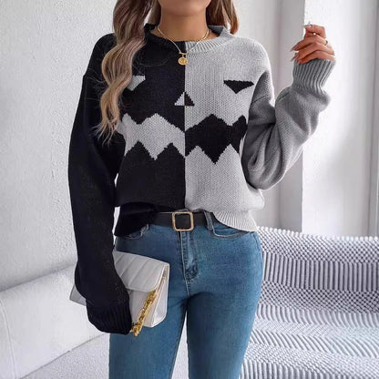 Halloween Asymmetric Color Block Sweater Jack O Lantern Face Pullover Crewneck Knit Top