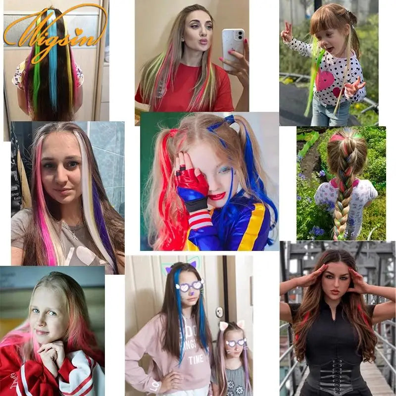 22Inch Synthetic Sparkle Hair Extensions Clip In Rainbow Shiny Long Straight Hair Heat Resistant Hair Accessories for Women Stone's Store