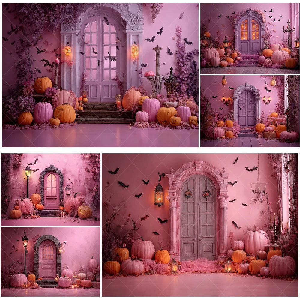 Halloween Retro Arch Family Portrait Photography Backdrop Pink Wall Pumpkin Bat Girls Kids Birthday Party Photo Background Decor