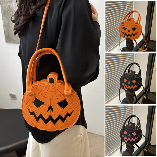 Trendy Cartoon Pumpkin Crossbody Bag Large Capacity Casual Halloween Fashionable Single Shoulder Bag with Zipper Polyester Fiber
