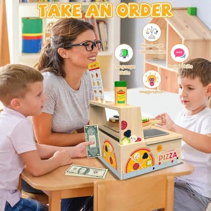 Wooden Pizza Toy - 48 PCS Montessori Pretend Play Food for Ages 3+ Educational Learning Toy Wooden Playset with Bake Oven Chris Best Price Every Day Store