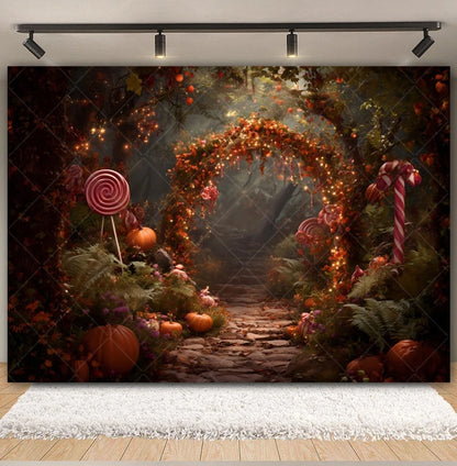 Halloween Lollipop Photography Backdrop Fantasy Forest Arch Pumpkin Lantern Festival Party Baby Portrait Photo Background Decor