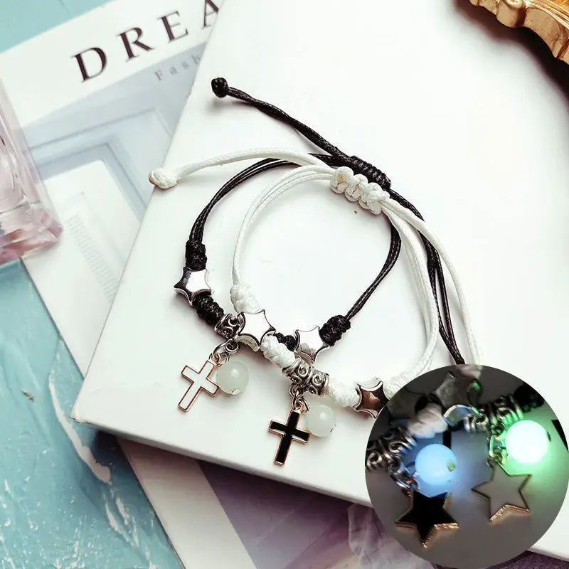 Luminous Beads Star Couple Bracelets For Women Men Charm Cat Flower Heart Key Lock Cross Matching Bracelets dropshipping-A Store