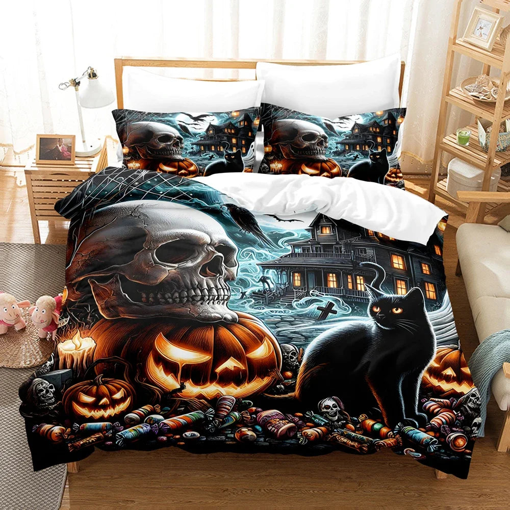 Juego de cama Feliz Halloween Impresión digital 3D Juego de 2-3 piezas (sin relleno) Adecuado para dormitorio Juego de funda nórdica Decoración de Halloween