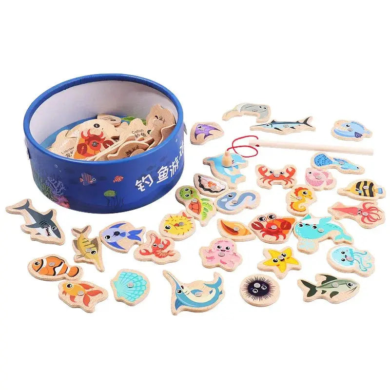 Montessori Wooden Fishing Toys For Children Cartoon Marine Life Cognition Fish Games Parent-Child Interactive Educational Toy Sweet Kids Store