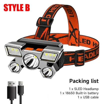 5 LED Headlamp Rechargeable with Built in 18650 Battery Strong Light