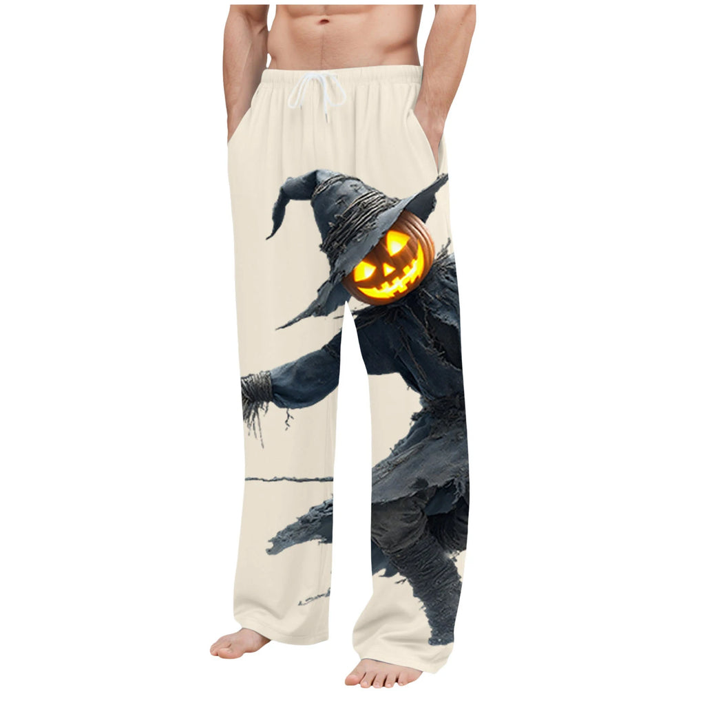 Pantalones de pijama de calabaza brillante de Halloween para hombre, con estampado de Bogy, con bolsillo, para casa, pantuflas grandes
