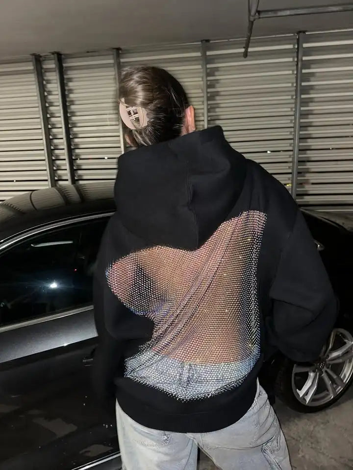 Backstage Crystal-Mesh Hoodie: Sparkling Breathable Comfort ✨