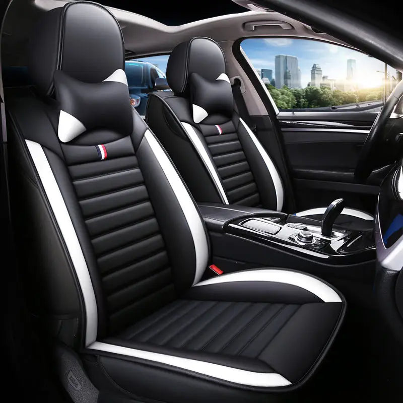5-Seater Full Set Sporty Style Black Blue Leather Car Seat Cover Waterproof Interior Accessory