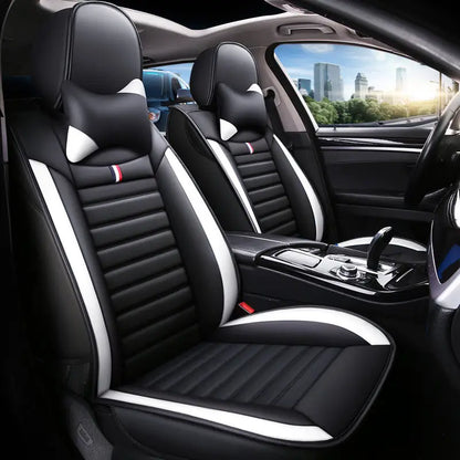 5-Seater Full Set Sporty Style Black Blue Leather Car Seat Cover Waterproof Interior Accessory