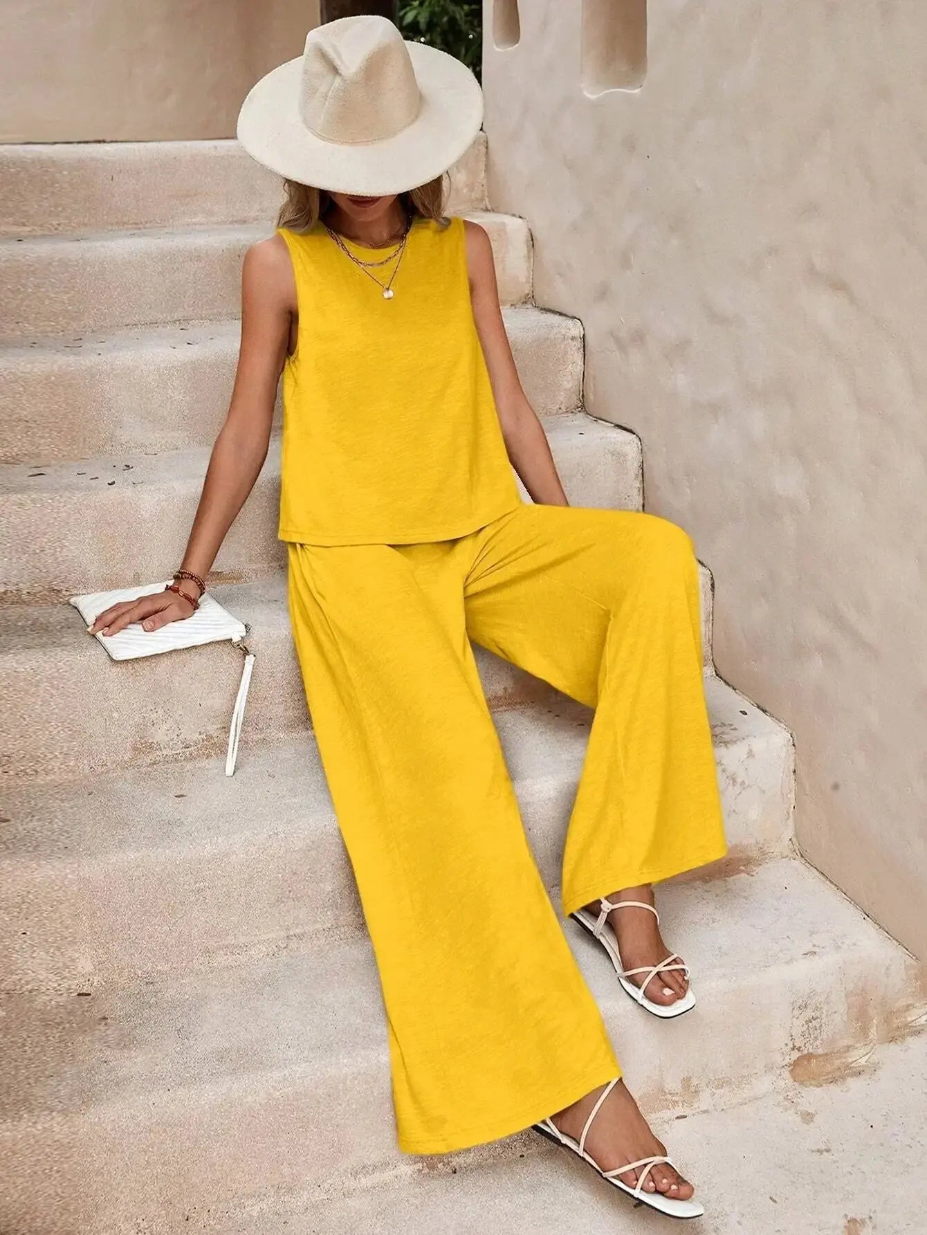 Round Neck Sleeveless Top and Wide Leg Pants Set Shop1102652536 Store