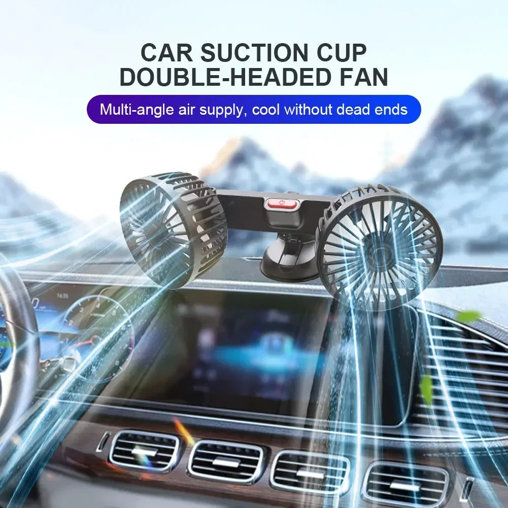 USB 5V Auto Ventilation Fan Dual Head Car Suction Cup Fan 360 Degree Rotation Adjustable 3 Speeds Car Electrical Appliances