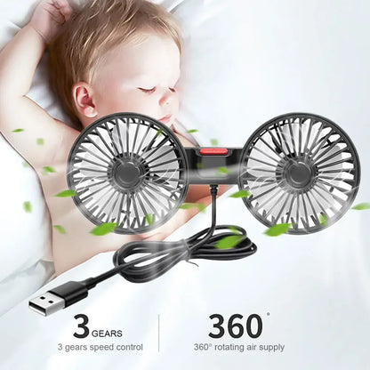 USB 5V Auto Ventilation Fan Dual Head Car Suction Cup Fan 360 Degree Rotation Adjustable 3 Speeds Car Electrical Appliances