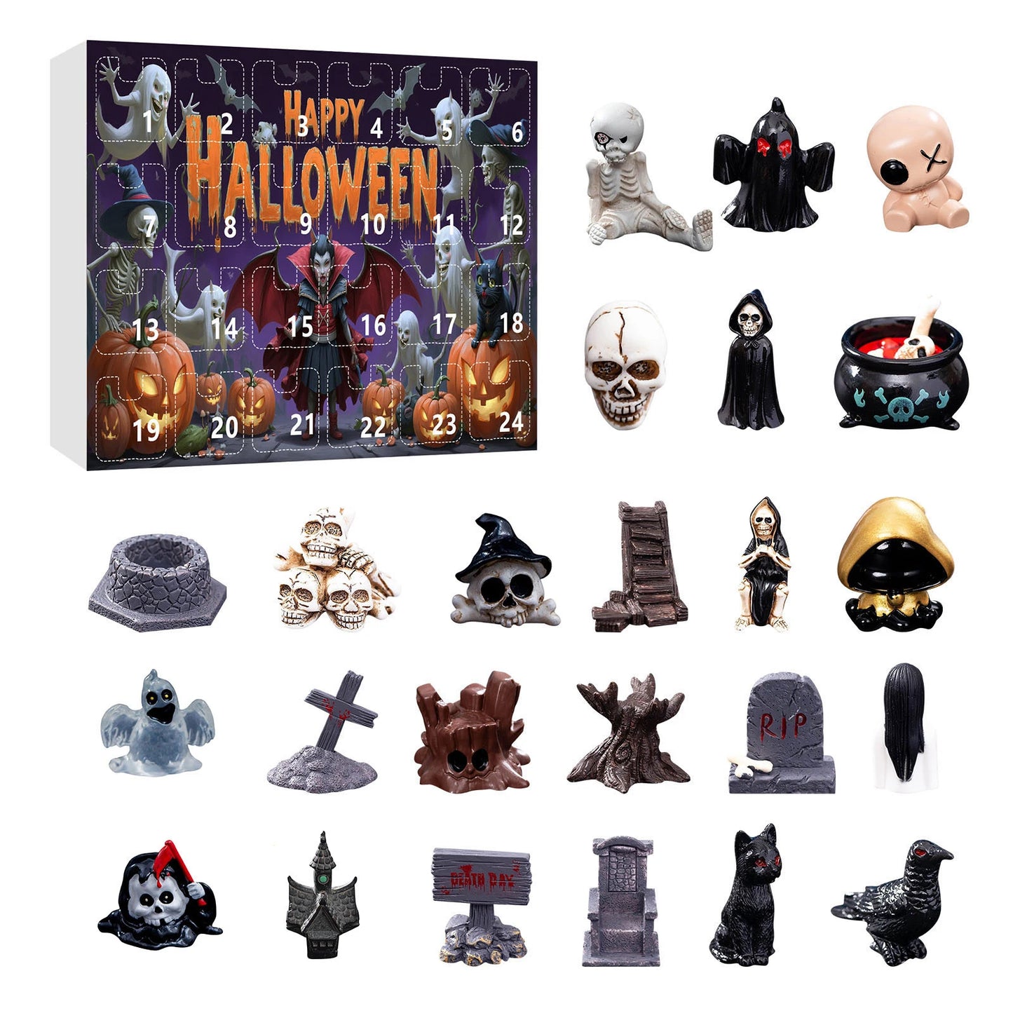 24Pcs Ghost Pumpkin Figurines Halloween Advent Calendar Box Resin Spooky Black Car Bat Ornaments Countdown Calendar Surprise Box