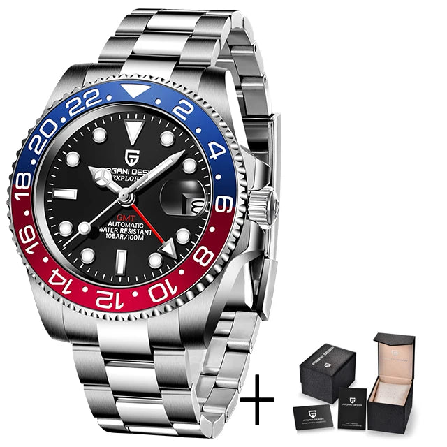 ELEGANCE® P1662 Men Watch Automatic Mechanical GMT Wristwatch Sapphire Glass Stainless Steel 100M Waterproof PAGANI DESIGN Men Watch Store