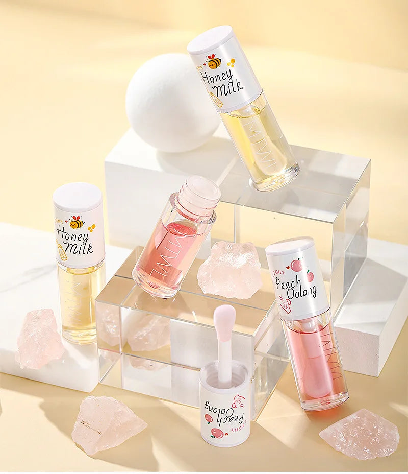 Peach Milk Honey Lip Oil Relieves Dry Moisturizing Lip Gloss Fades Lip Lines Water Light Lips Big Brush Head Cute DENESY Cosmetics Store