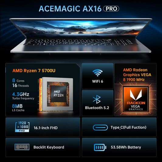 ACEMAGIC Gaming Notebook AMD Ryzen 7 5700U(Beat i7-1265U)Backlit Laptop Keyboard RAM 16GB NVME SSD 512GB 16.1" Full HD 1920x1080