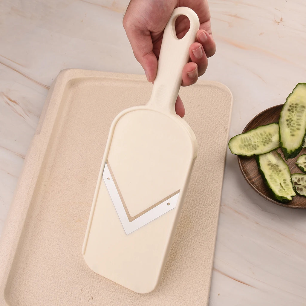 Rebanador de mandolina multiuso - Cuchilla en V de acero inoxidable, con cepillo de limpieza, agarre cómodo, fácil de limpiar, para cocina, vegetales