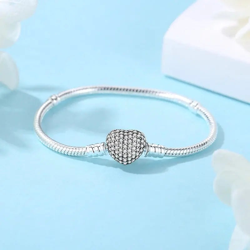 Brazaletes Pulseras de Plata de Ley 925 Originales Charms de Clip Corazón de Amor