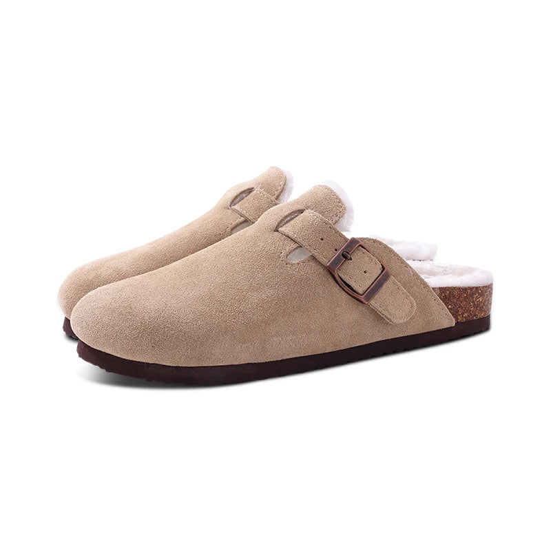 Shevalues Women's Fur Suede Clogs Slippers Classic Cork Footbed Fuzzy Mules Winter Plush Slippers Outdoor Warm Cork Flat Slipper