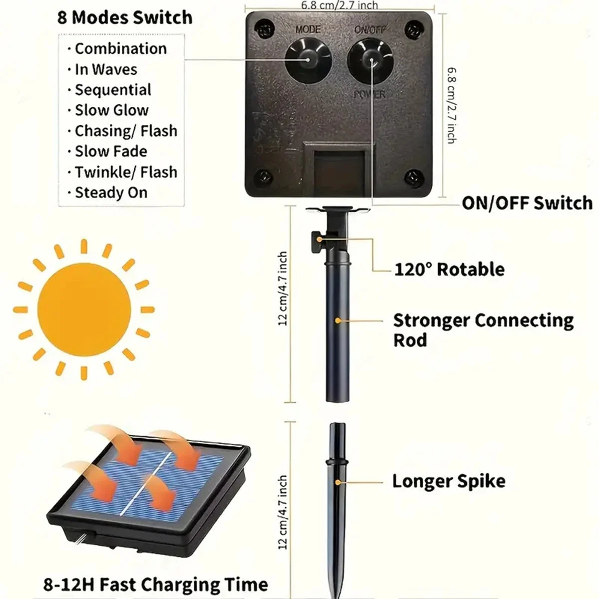 1pc Solar LED String Light 50LED Tube Rope String Lights With 8 Modes