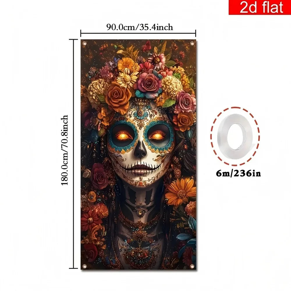 1PC Large Sugar Skull Front Door Decorative Curtain Day of the Dead Polyester Material Bright Durable for Home Decor