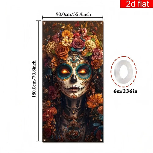 1 CORTINA DECORATIVA GRANDE DE CALAVERA DE AZÚCAR PARA PUERTA PRINCIPAL, DÍA DE MUERTOS, MATERIAL DE POLIÉSTER, BRILLANTE, DURADERA PARA DECORACIÓN DEL HOGAR
