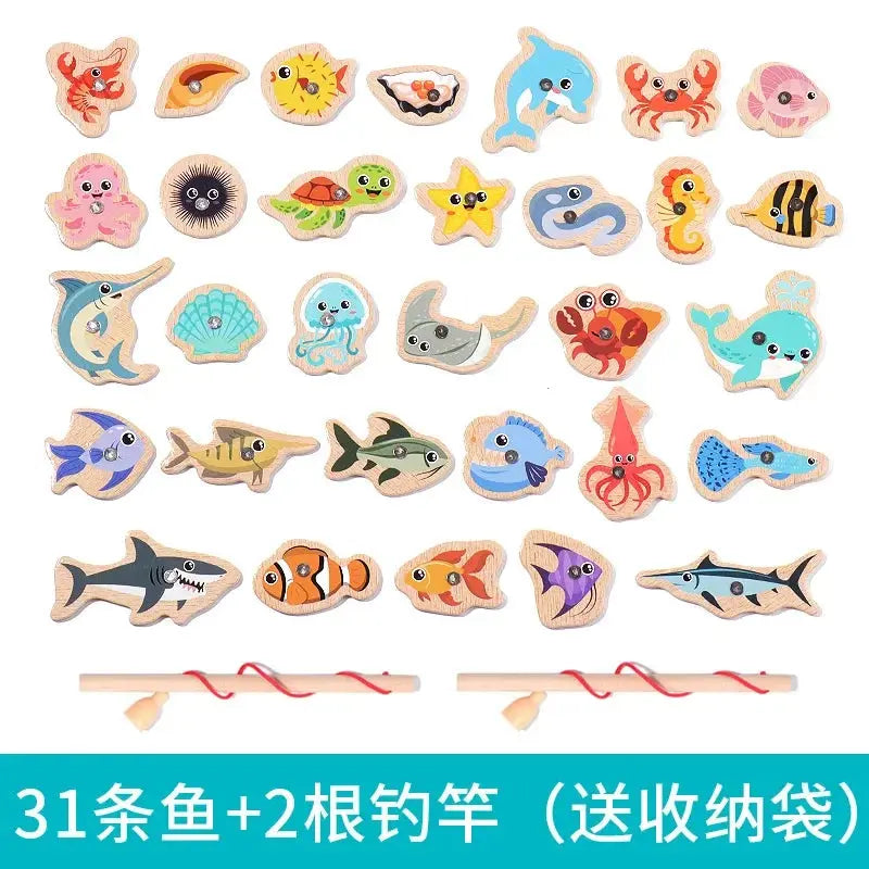 Montessori Wooden Fishing Toys For Children Cartoon Marine Life Cognition Fish Games Parent-Child Interactive Educational Toy Sweet Kids Store