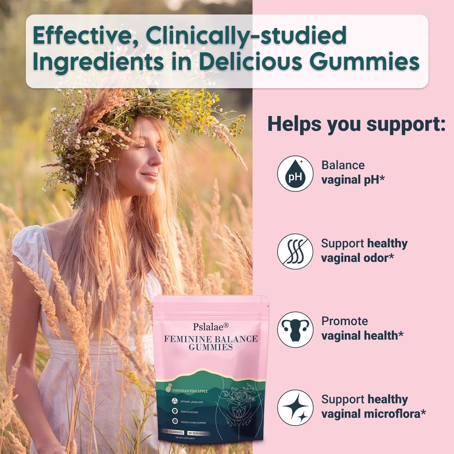Feminine Balance Gummies - Relieves Cramps, Moods, Hot Flashes and Night Sweats, Vaginal Health