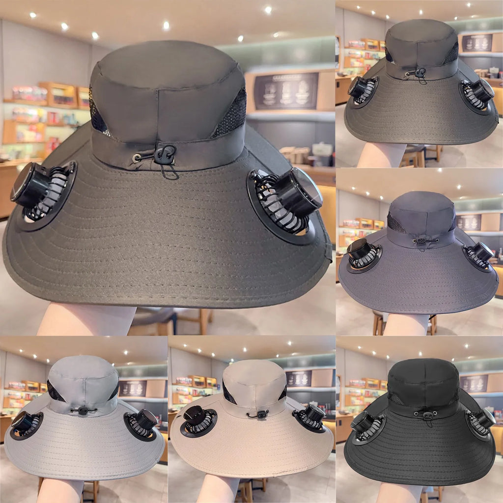 Multi-Function Solar Fan Sun Hat - Waterproof Fishing Hat with Built-In USB Charging & Wide Brim for UV/Heat Protection