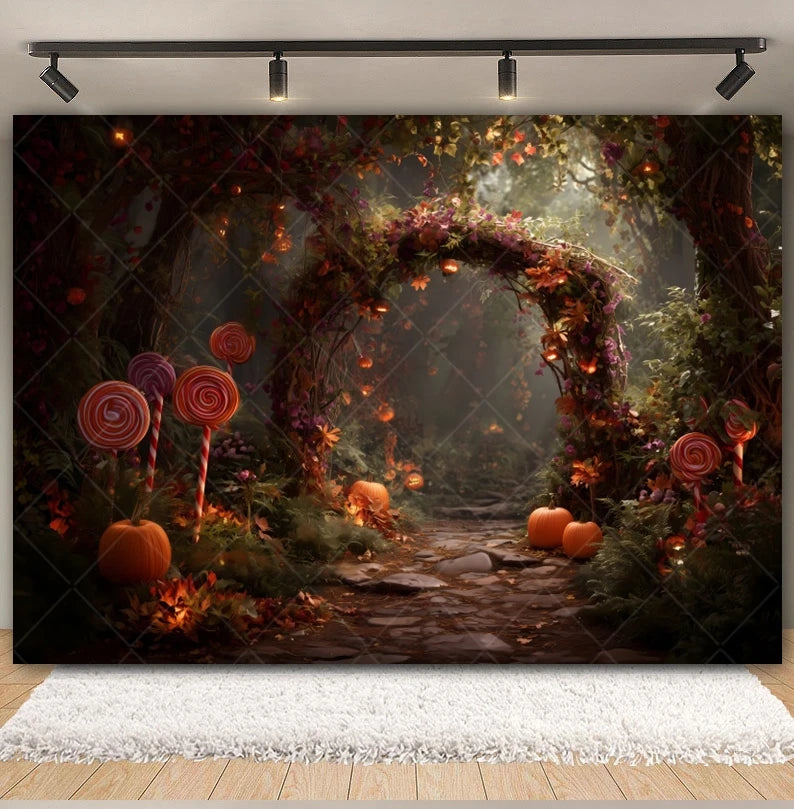 Halloween Lollipop Photography Backdrop Fantasy Forest Arch Pumpkin Lantern Festival Party Baby Portrait Photo Background Decor