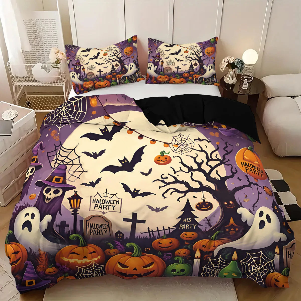 3-piece Halloween themed ghost, bat, and pumpkin patterned duvet cover set, 1 duvet cover+2 pillowcases, coreless