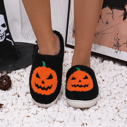 Cozy Halloween Pumpkin Slippers Women Soft Plush Non Slip Indoor Cotton Slides Woman Keep Warm Comfortable Winter House Slippers