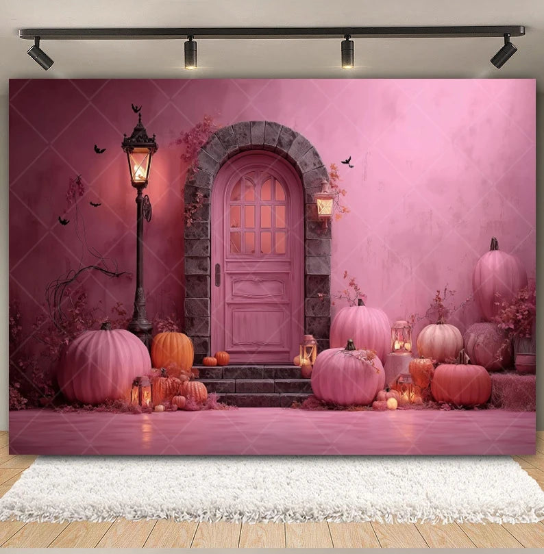 Halloween Retro Arch Family Portrait Photography Backdrop Pink Wall Pumpkin Bat Girls Kids Birthday Party Photo Background Decor