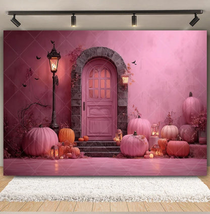 Halloween Retro Arch Family Portrait Photography Backdrop Pink Wall Pumpkin Bat Girls Kids Birthday Party Photo Background Decor