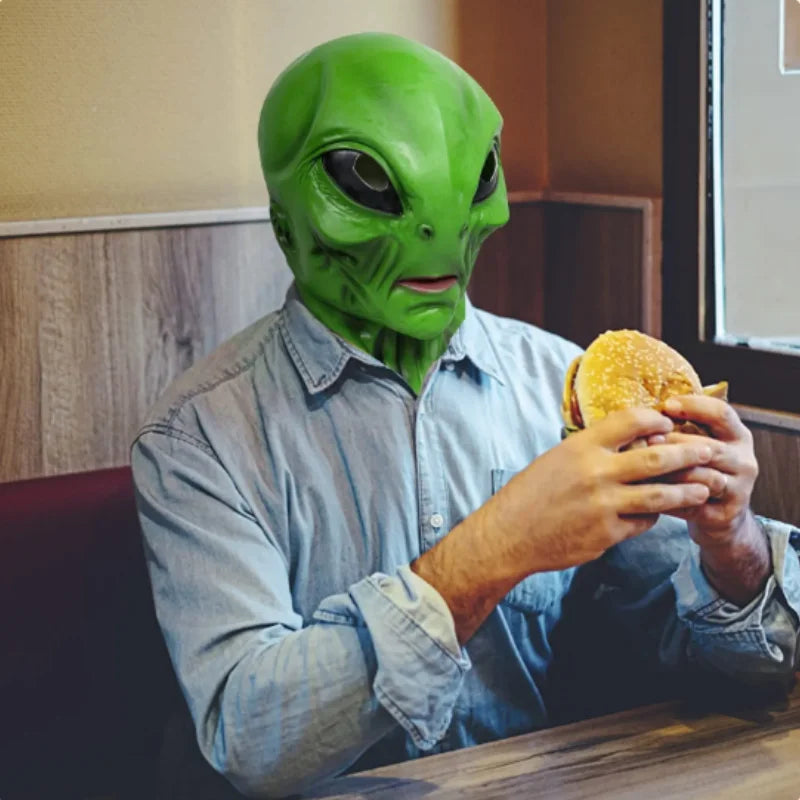 Máscaras de extraterrestre verde OVNI, disfraz de alienígena de terror para fiesta de Halloween, tocado de látex, accesorios divertidos para fiesta de disfraces de terror para adultos