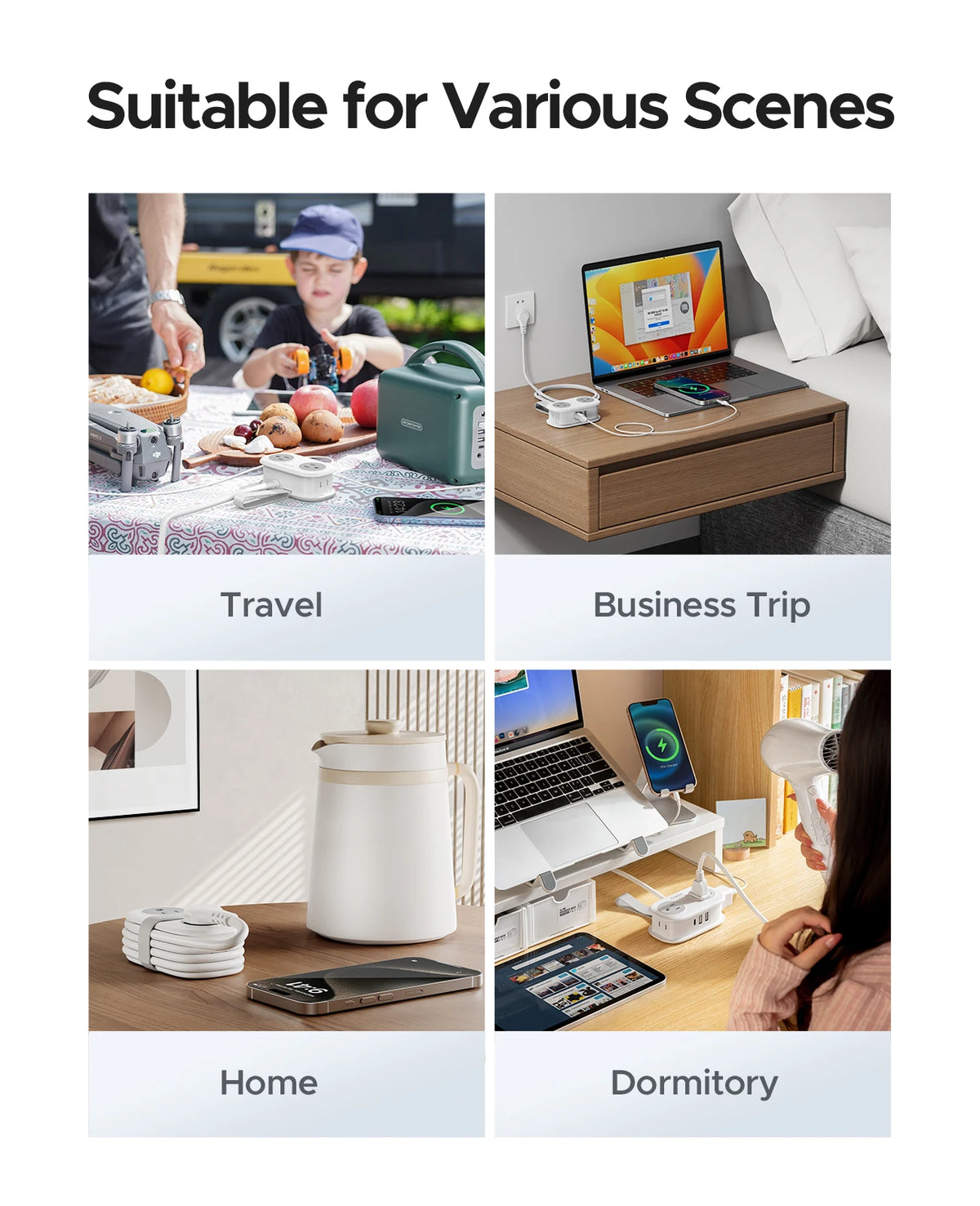 Regleta TravelZap™: 4 enchufes, 2 USB, cable de 1.2 m con organizador