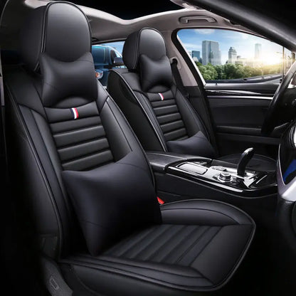 5-Seater Full Set Sporty Style Black Blue Leather Car Seat Cover Waterproof Interior Accessory