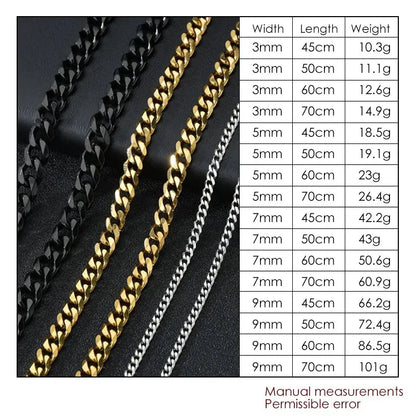 Hip Hop Width 3/5/7/9MM Cuban Link Stainless Steel Chains Necklace for