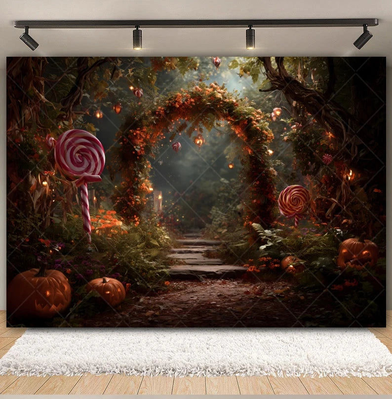 Halloween Lollipop Photography Backdrop Fantasy Forest Arch Pumpkin Lantern Festival Party Baby Portrait Photo Background Decor