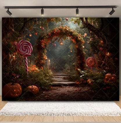 Halloween Lollipop Photography Backdrop Fantasy Forest Arch Pumpkin Lantern Festival Party Baby Portrait Photo Background Decor